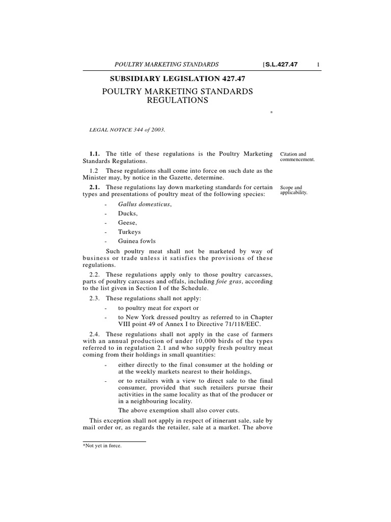 Poultry Marketing Standards Regulations Subsidiary Legislation 427.47 PDF Poultry Chicken