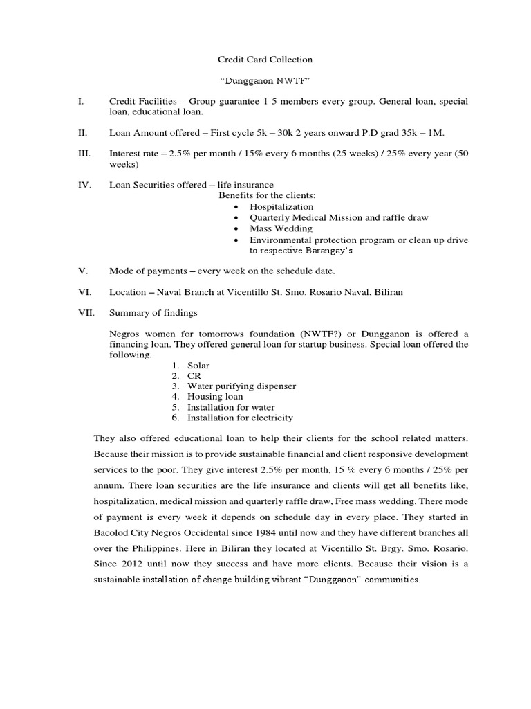 Credit Card Collection PDF Loans Service Industries