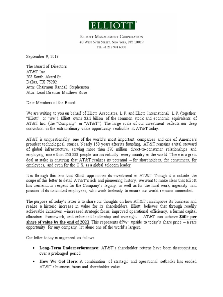 Elliotts Letter to ATT 09092019 | At&T Mobility | Share Repurchase