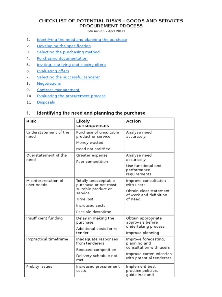 Checklist of Potential Risks Goods and Services Procurement Process ...