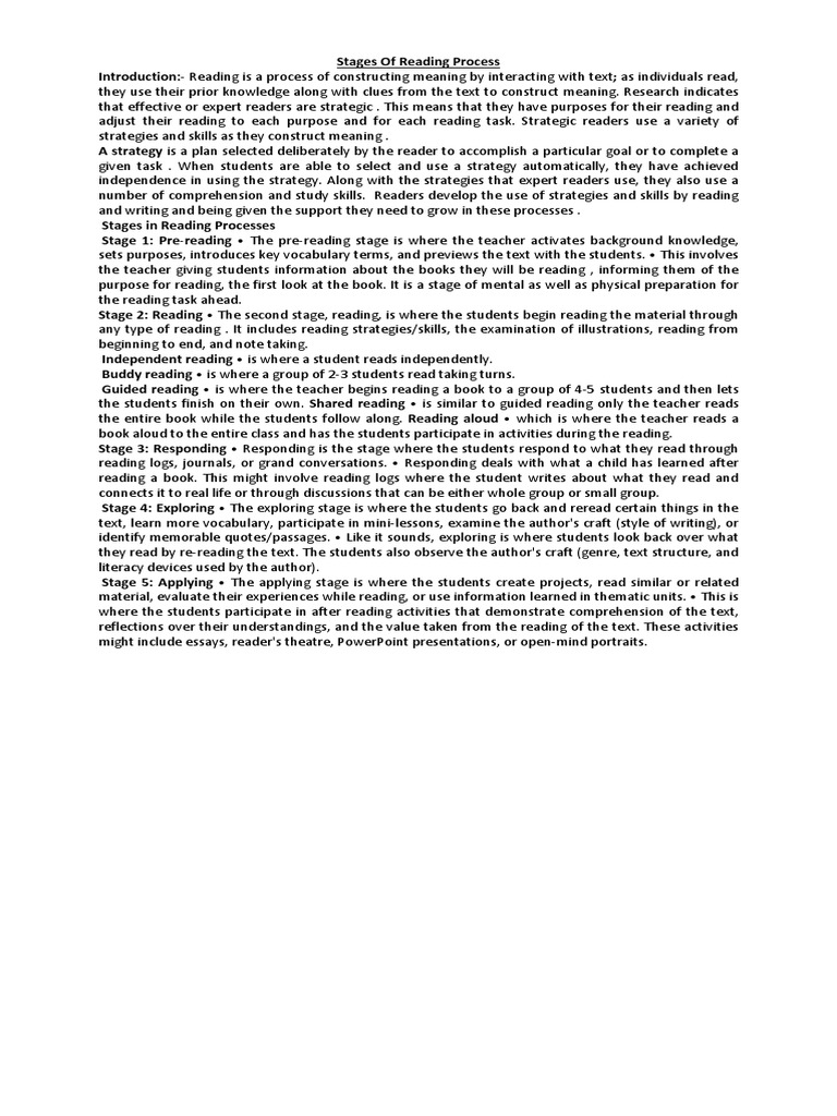 Stages of the Reading Process | PDF | Reading Comprehension | Teaching