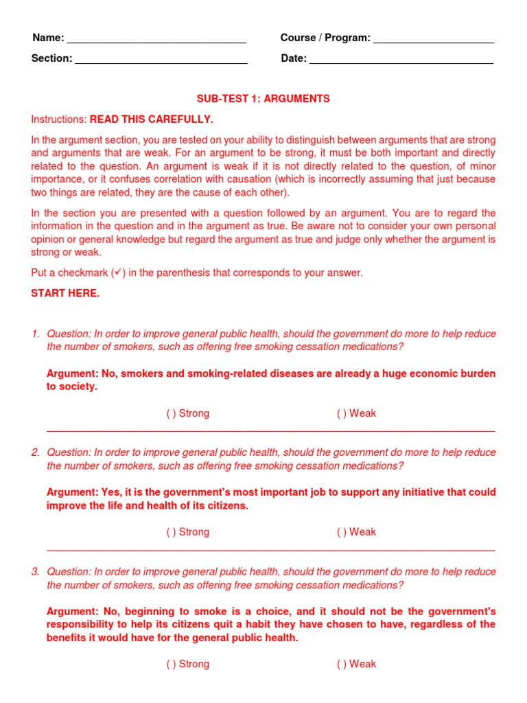 Critical Thinking Test Questionnaire PDF Smoking Cessation Argument