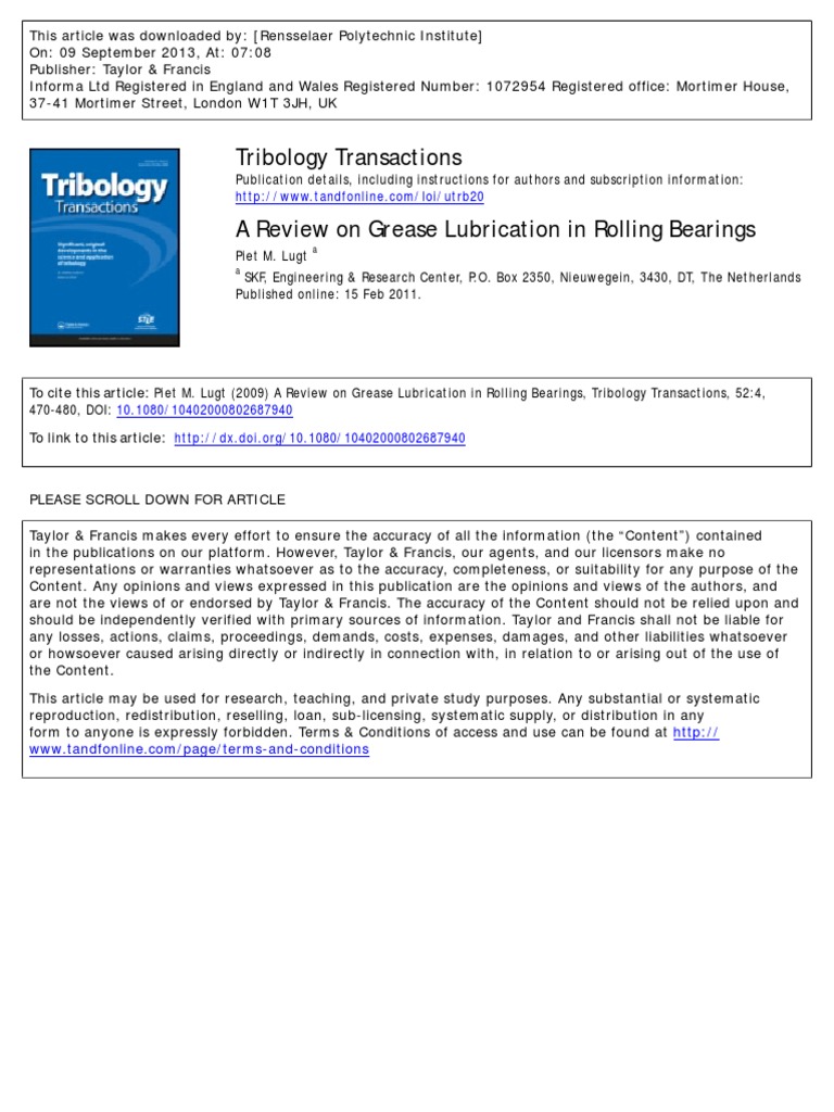 A Review On Grease Lubrication in Rolling Bearings PDF Rheology