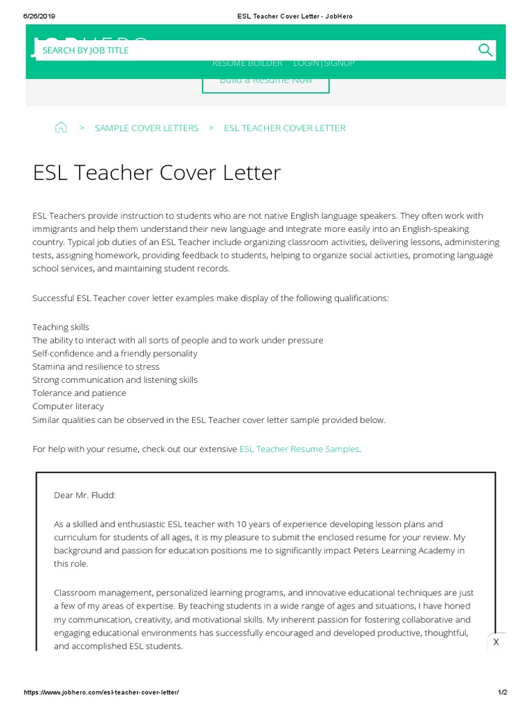 cover letter example esl teacher