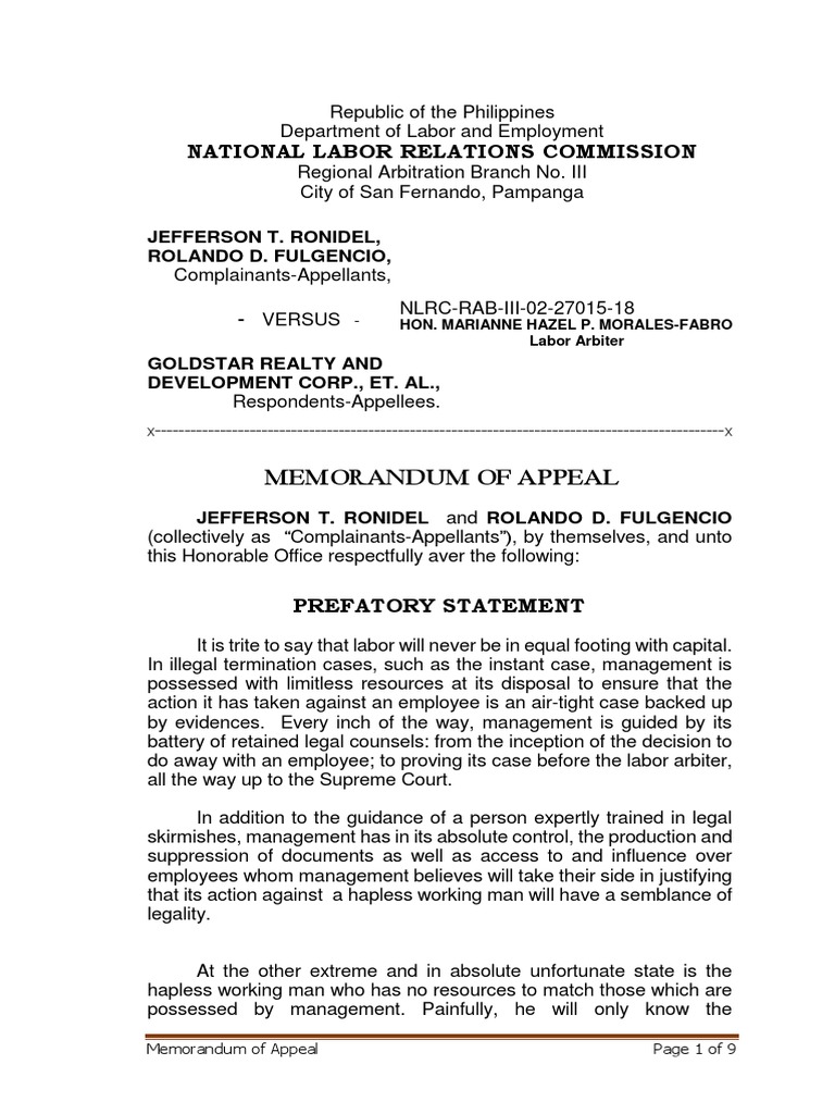 Memo of Appeal PDF Employment Judgment (Law)