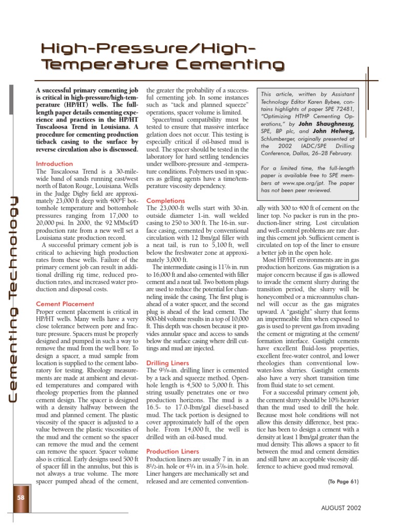 HPHT Cementing | PDF | Casing (Borehole) | Materials