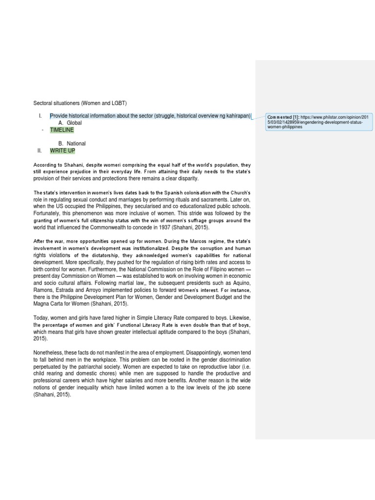 CD 100 Sectoral Situationer PDF Sexism Woman