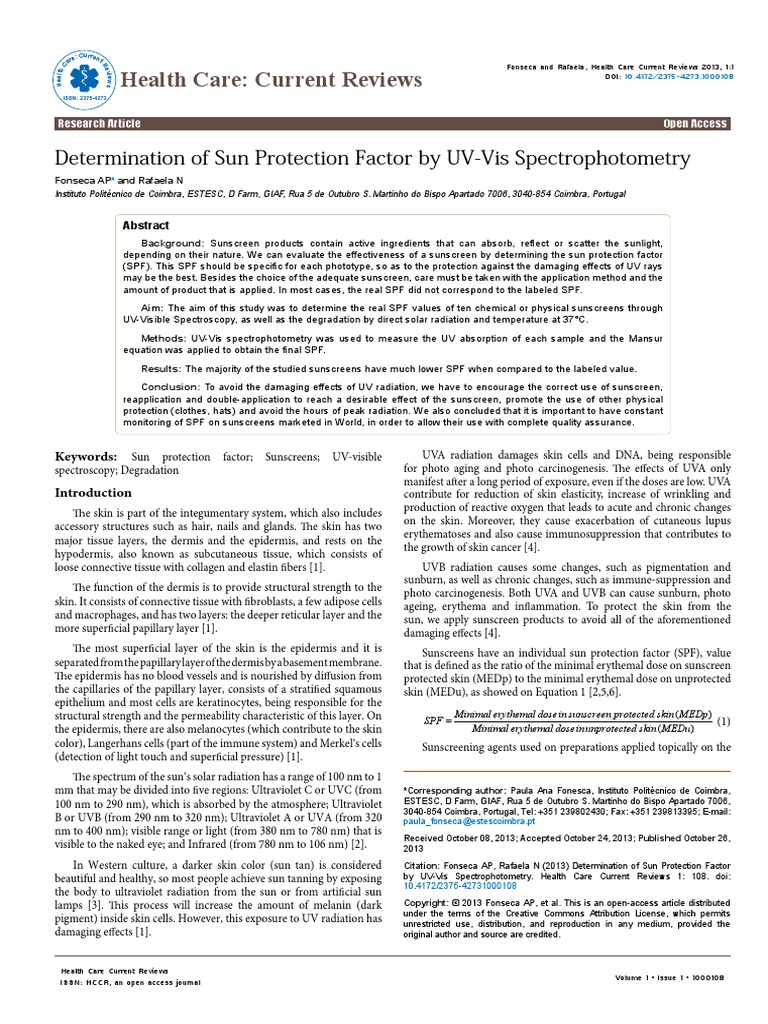 Determination of Sun Protection Factor by Uvvis Spectrophotometry hccr.1000108 PDF