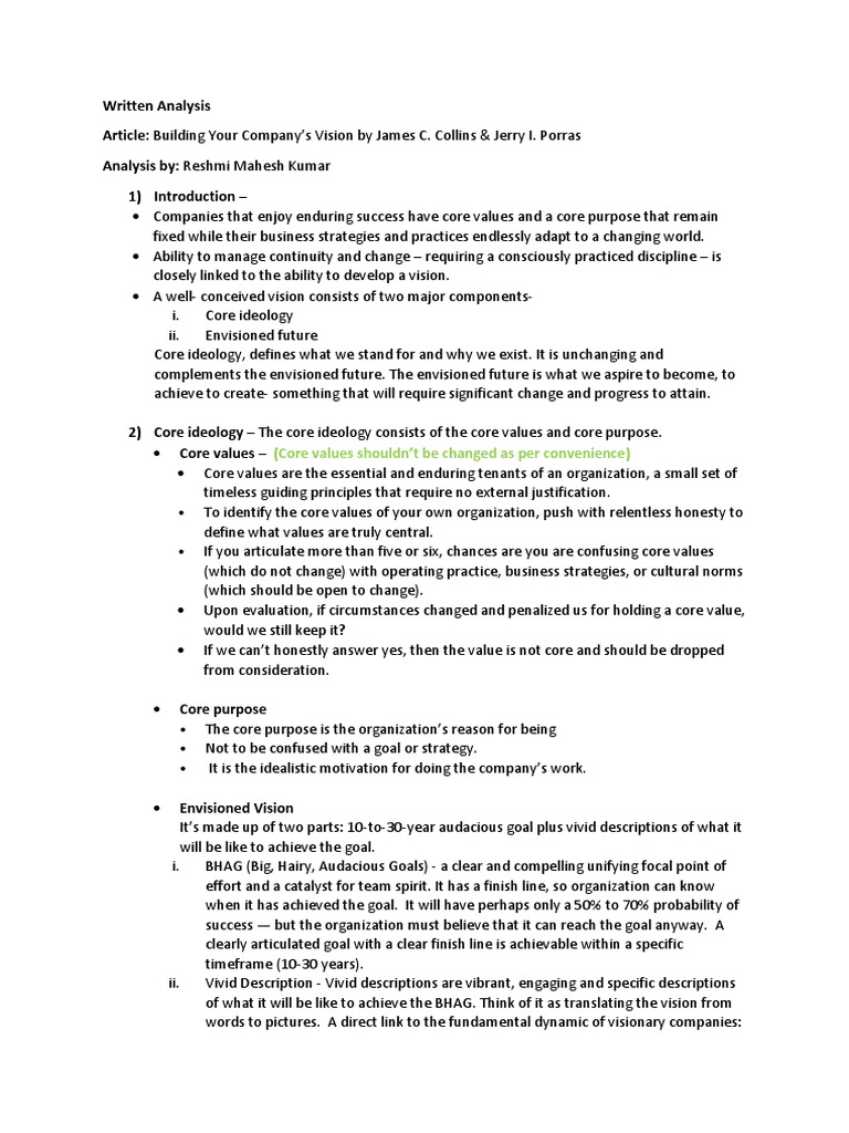 Analysis Building Your Company's Vision by James C. Collins & Jerry I