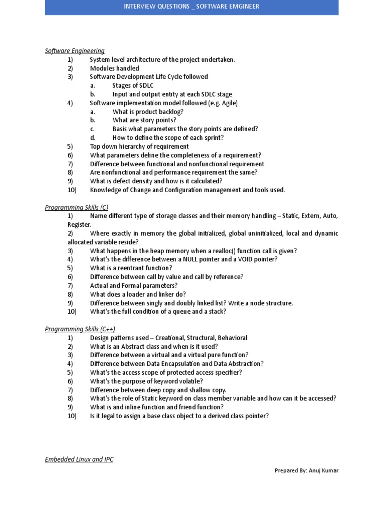 Interview - Questions SW Eng | PDF | Parameter (Computer Programming ...