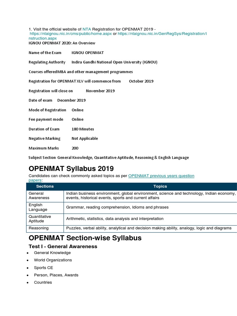 OPENMAT Syllabus 2019 NTA Nstruction Aspx PDF Test (Assessment