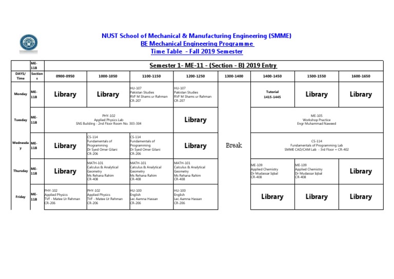 Fall 2019 ME-11B Timetable | PDF | Science And Technology | Science