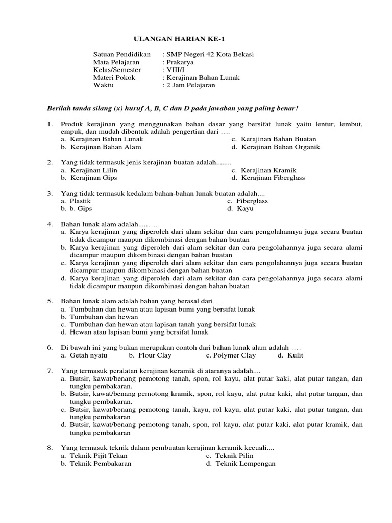 Soal Kls 8 Aspek Kerajinan Semester I Okee Uh1 Pdf