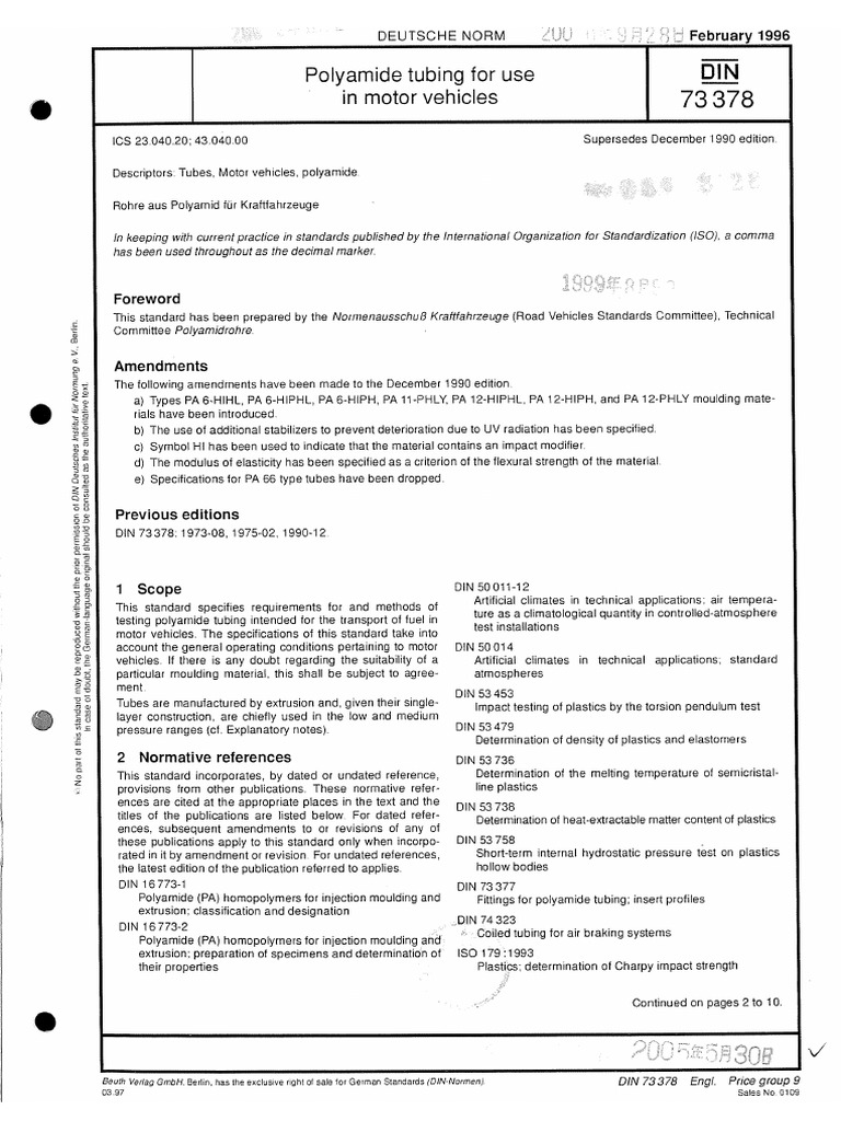 DIN 73378-1996 (Polyamide Tubing For Motor Vehicles) - 1 | PDF