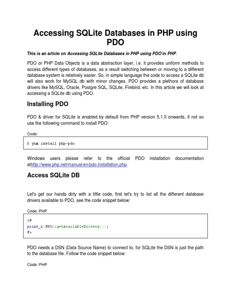 Accessing SQLite Databases in PHP Using PDO | PDF | Php | Databases