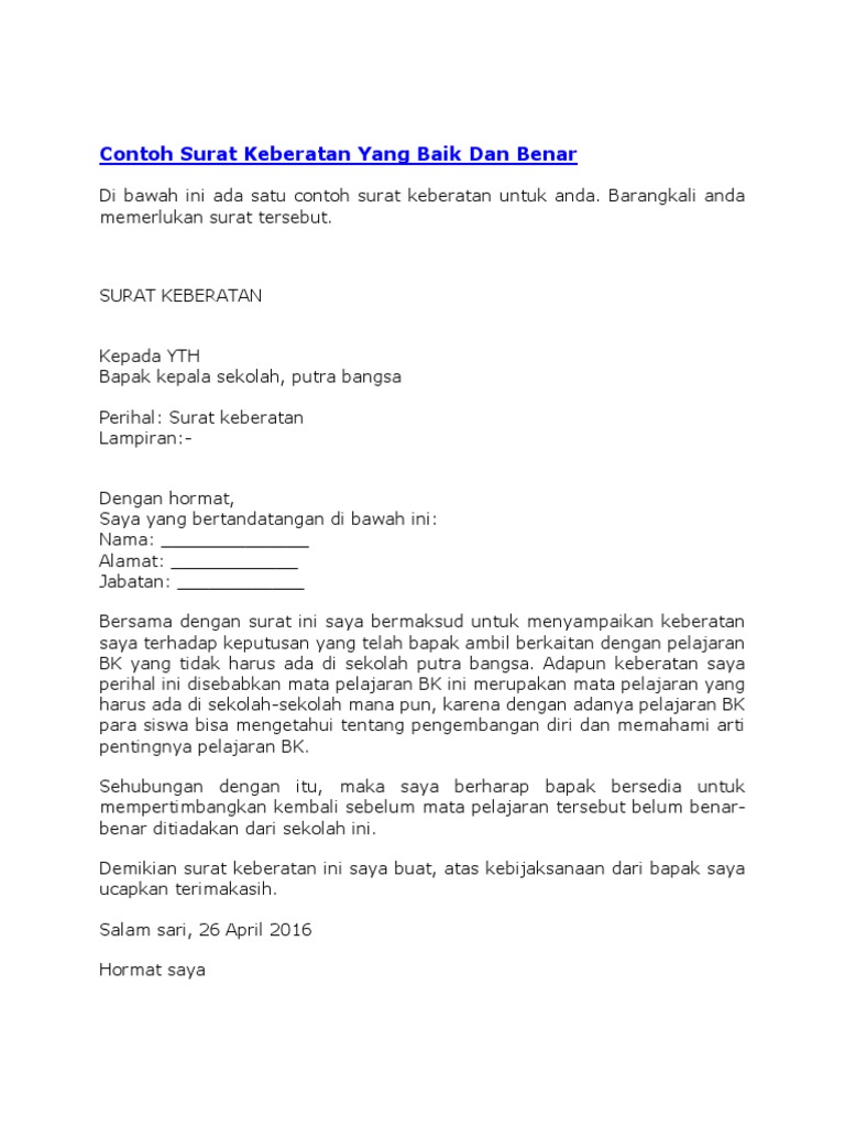 Contoh Surat Keberatan Yang Baik Dan Benar Pdf