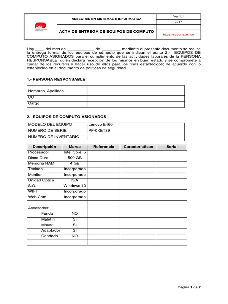 Acta de Entrega de Equipos de Cómputo | PDF | Sistema operativo ...