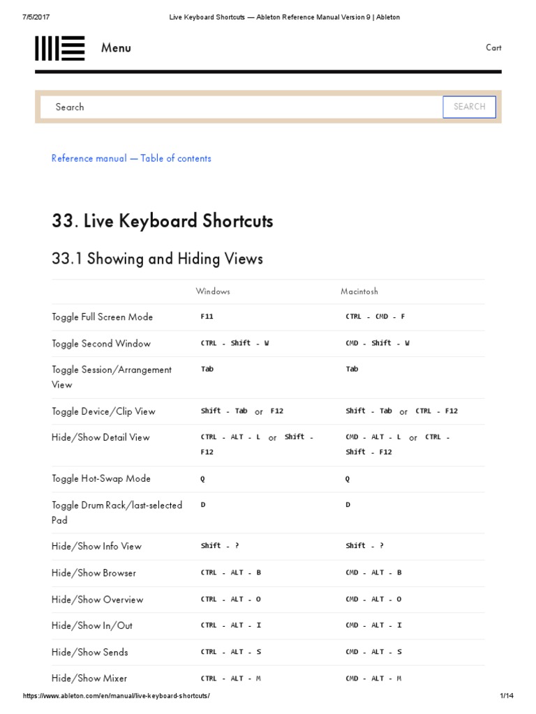 Ableton Keyboard Shortcuts PDF Control Key Menu