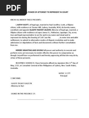 Special Power of Attorney to Represent in Court