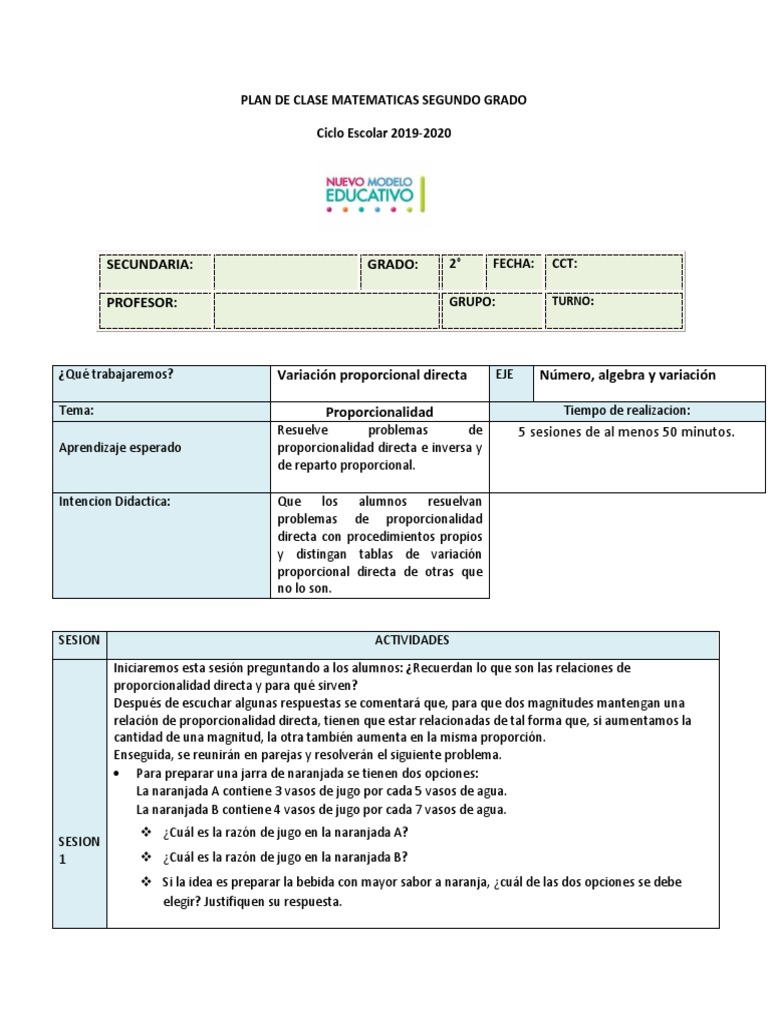 Plan de Clase Matematicas Segundo Grado 4.1 | PDF | Enseñanza de ...