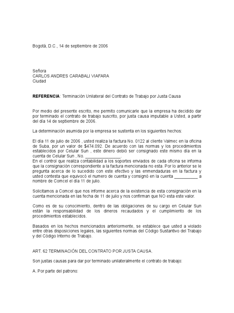 Carta Despido Por Justa Causa  Gobierno  Justicia