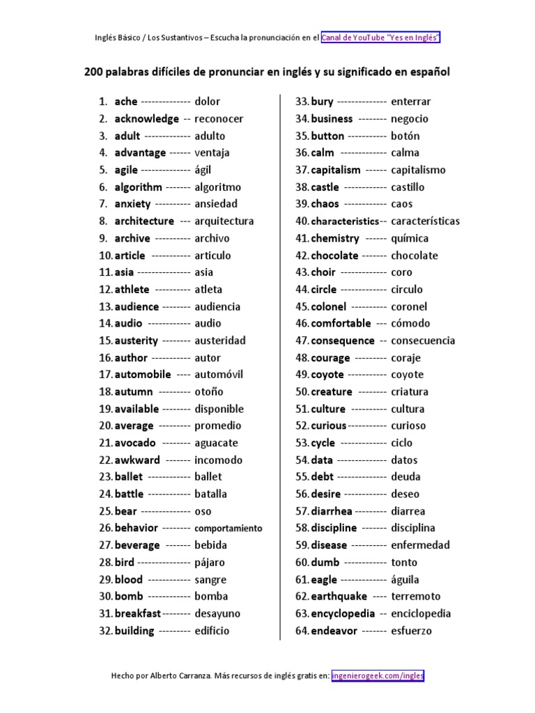 Torrente Interesante Lidiar con 200 Palabras Difíciles de Pronunciar en Inglés y Su Significado en Español  | PDF