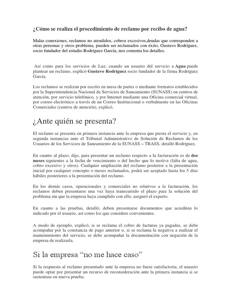 Cómo Se Realiza El Procedimiento de Reclamo Por Recibo de Agua | PDF ...