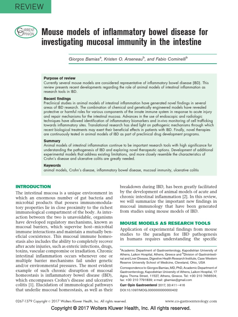 Mouse Models of Inflammatory Bowel Disease For Investigating Mucosal