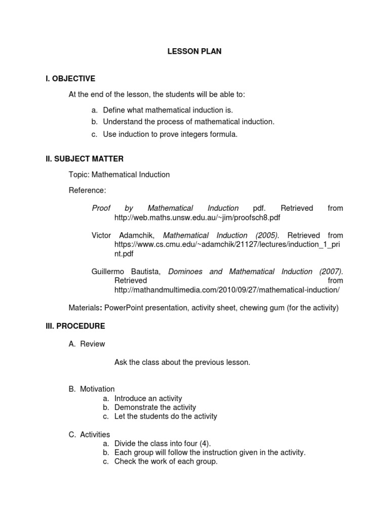 Mathematical Induction Lesson Plan | PDF | Teaching Mathematics | Logic