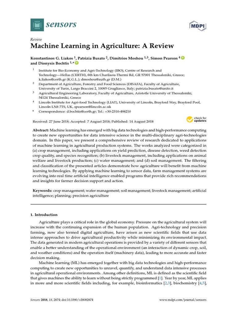 Sensors: Machine Learning in Agriculture: A Review | PDF | Artificial ...