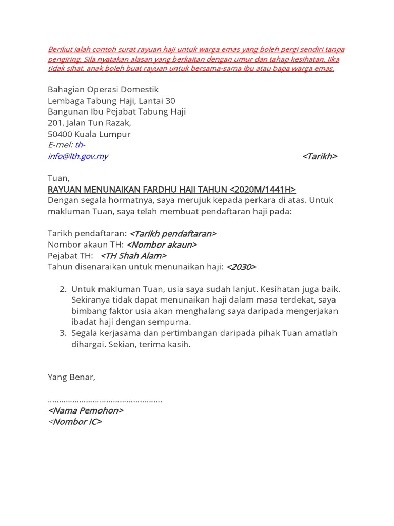 Contoh Surat Rayuan Haji Warga Emas