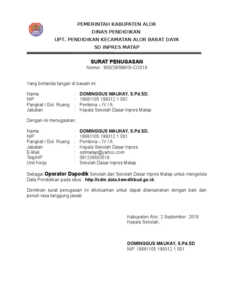 Sk Operator Dapodik Sd Inp Matap 2019 2020