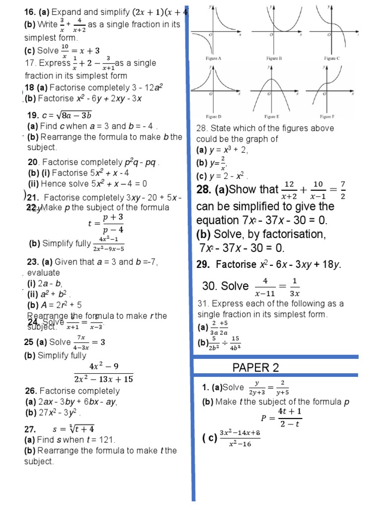 Algebric Expressions And Manipulations Pdf Factorization Equations