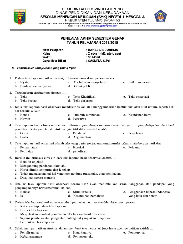 Soal Teks Laporan Hasil Observasi Kelas X Smk Berbagi