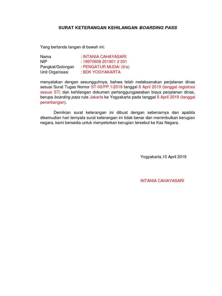 Surat Keterangan Kehilangan Boarding Pass