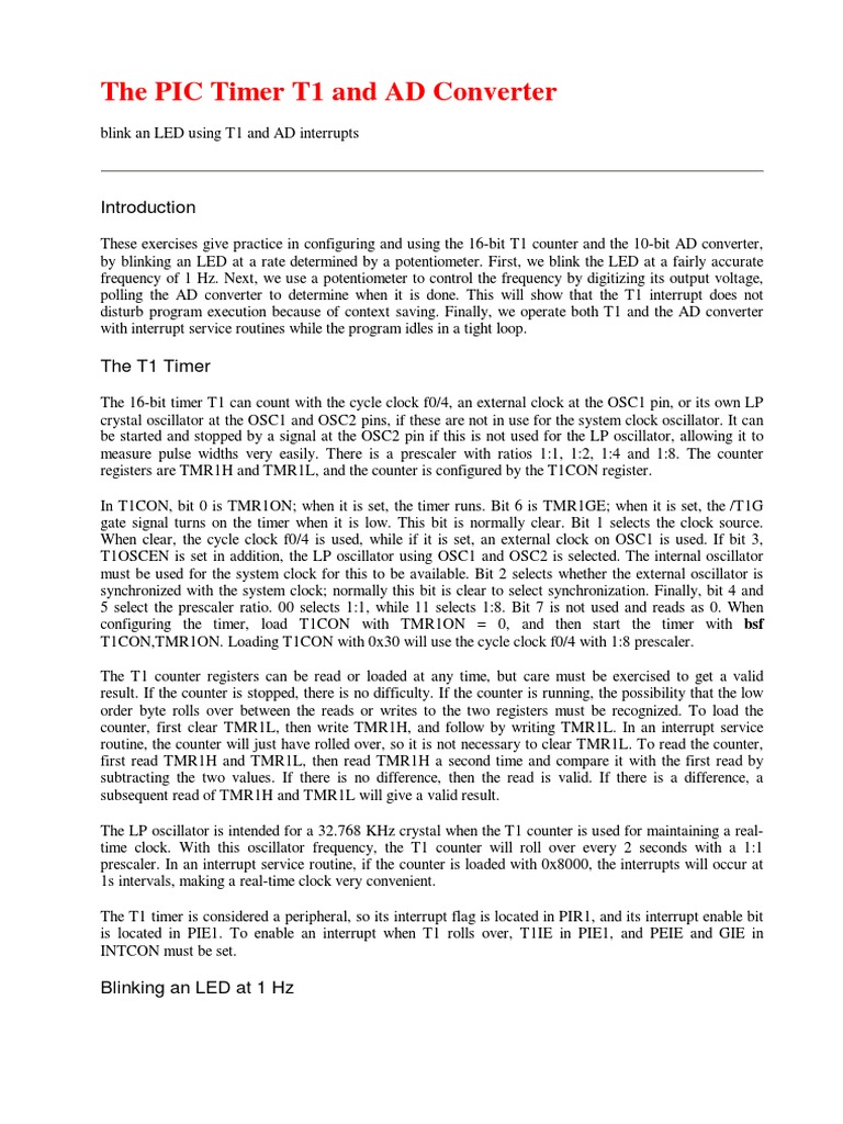 PIC Timer T1 and AD Converter Guide | PDF | Clock | Electrical Circuits