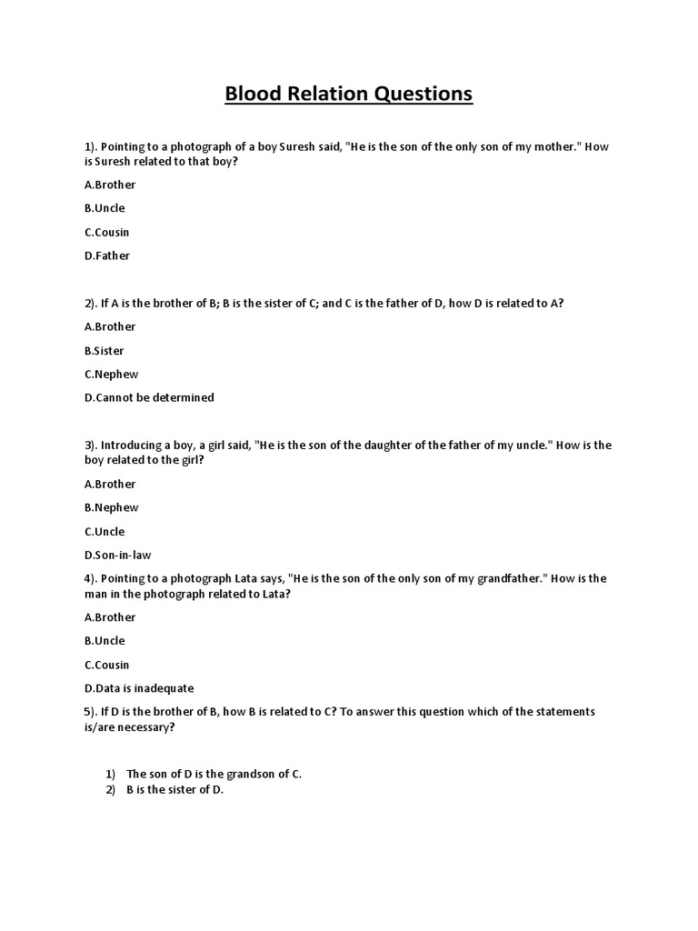 Blood Relation Problem Set | PDF | Cultural Anthropology | Kinship And ...