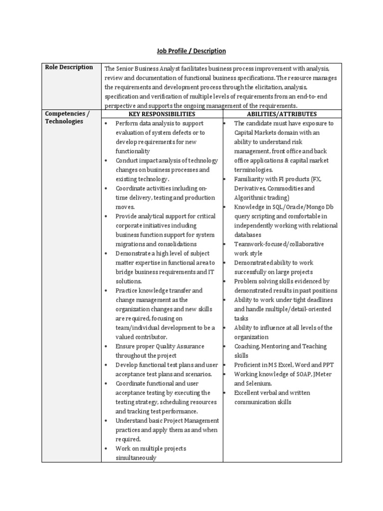 Job Profile / Description PDF Data Analysis Business