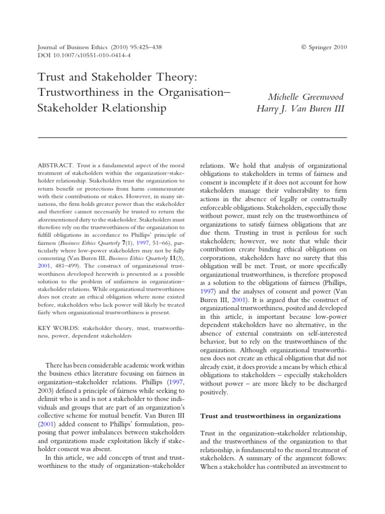 Trust and Stakeholder Theory: Trustworthiness in The Organisation - Stakeholder Relationship ...