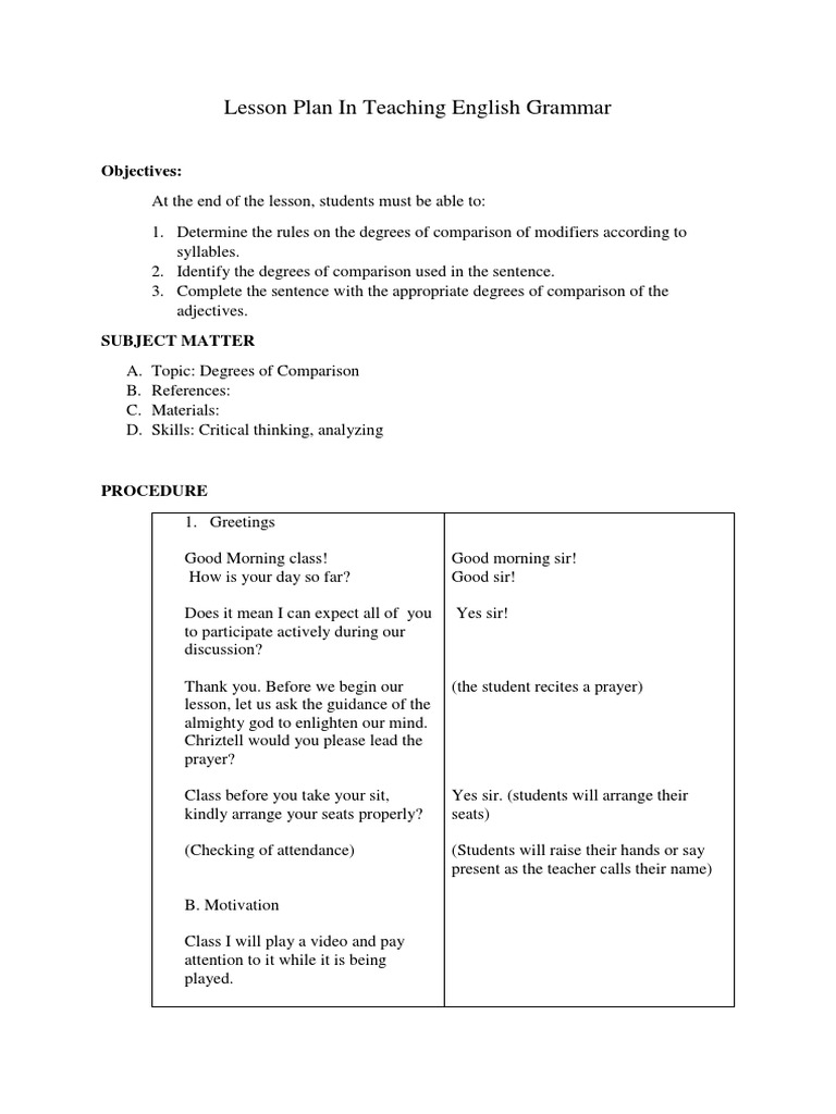 Lesson Plan In Teaching English Grammar PDF English Grammar Adjective