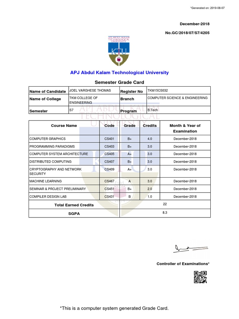 B.Tech Semester 7 Grade Card for CS Engineering | PDF