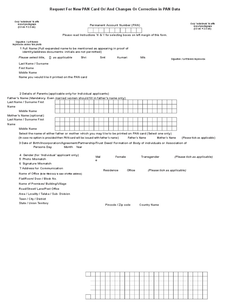 Request For New PAN Card or and Changes or Correction in PAN Data Form ...