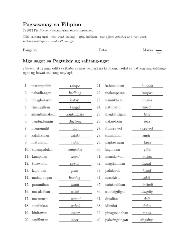 Mga Sagot Sa Salitang Maylapi 5 1 | PDF