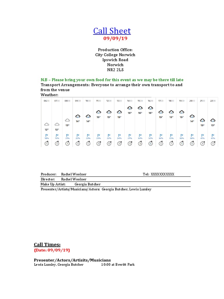 Call Sheet: Production Office: City College Norwich Ipswich Road ...