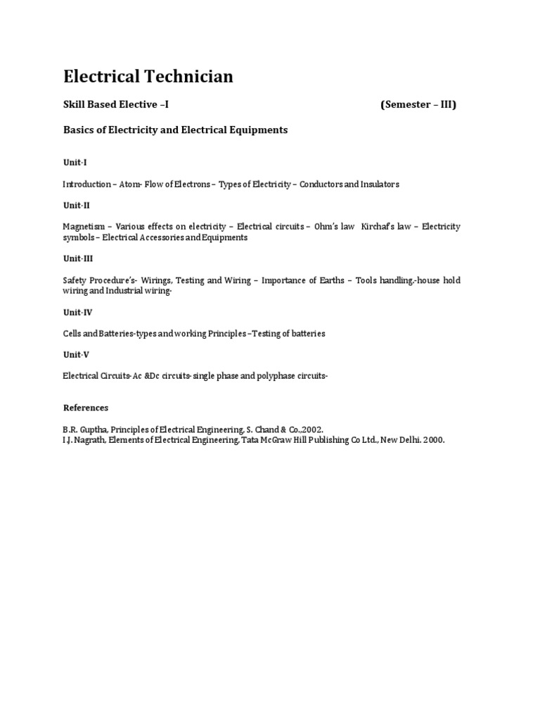 Electrical Technician Skill Based Elective I (Semester III) Basics