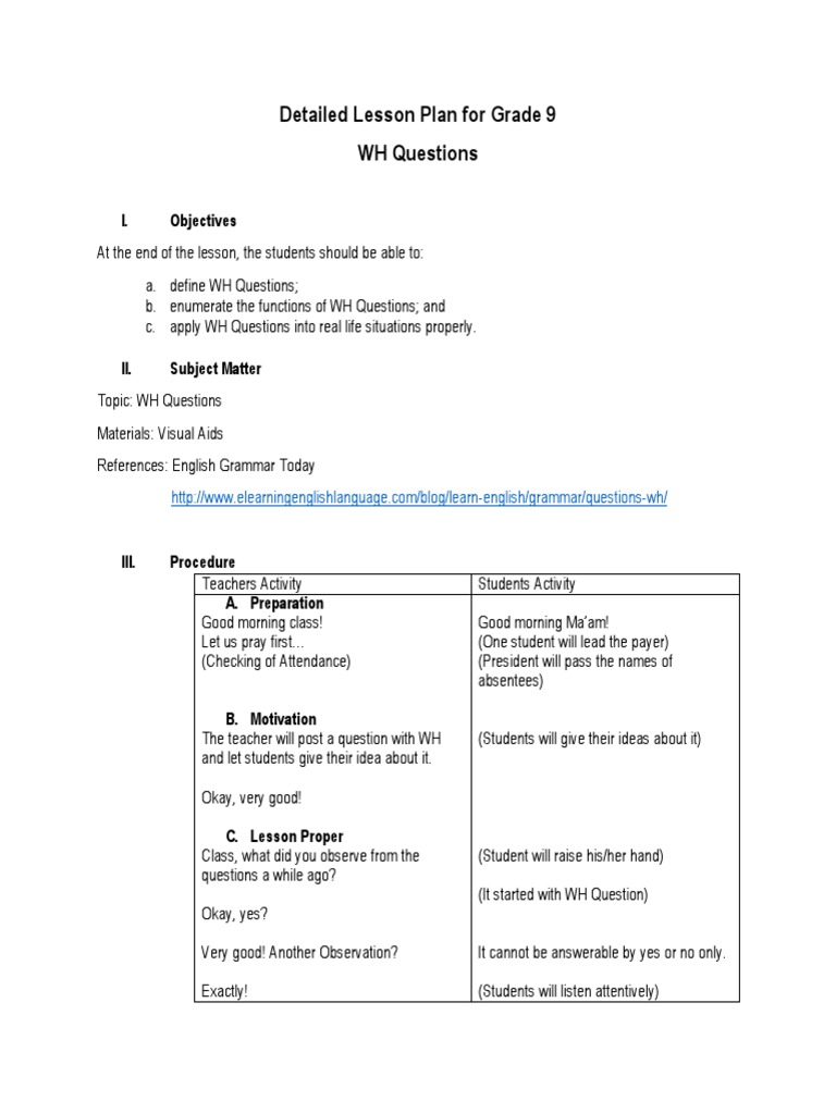 WH Questions Lesson Plan for Grade 9 | PDF | Question | Verb