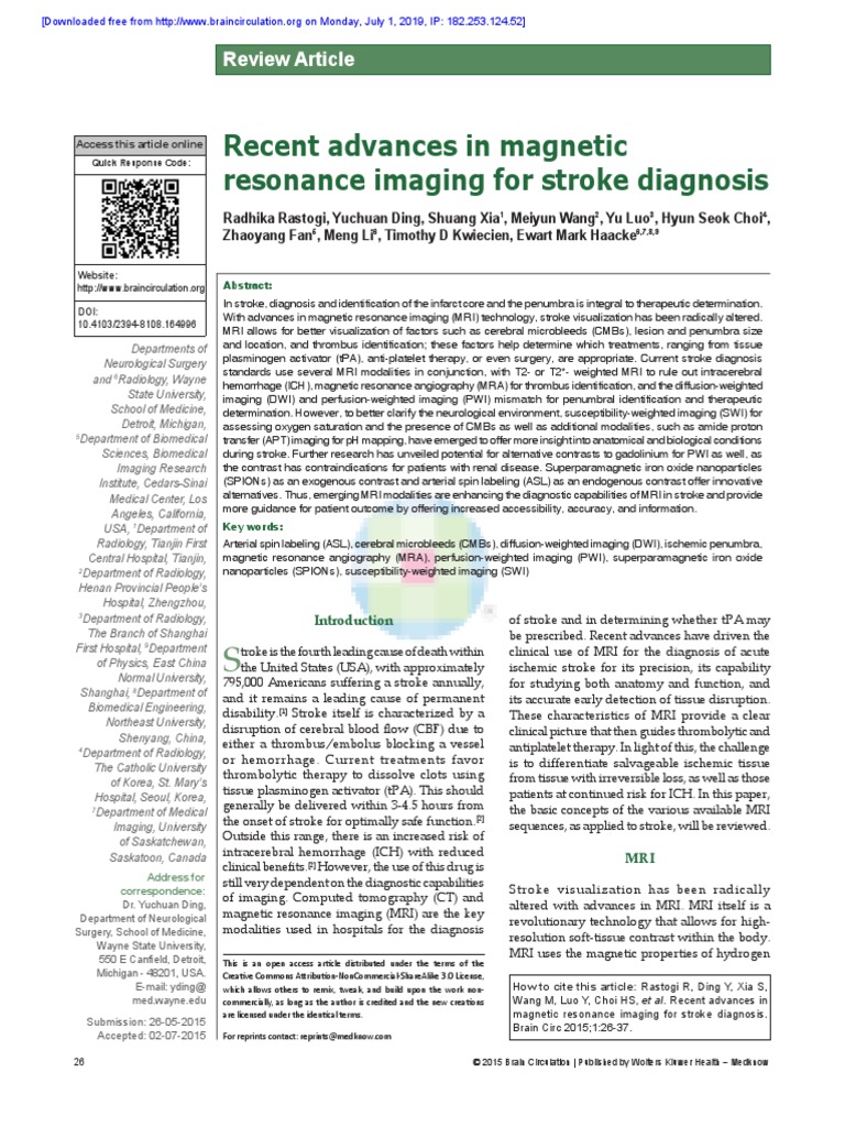 Recent Advances in Magnetic Resonance Imaging For Stroke Diagnosis ...
