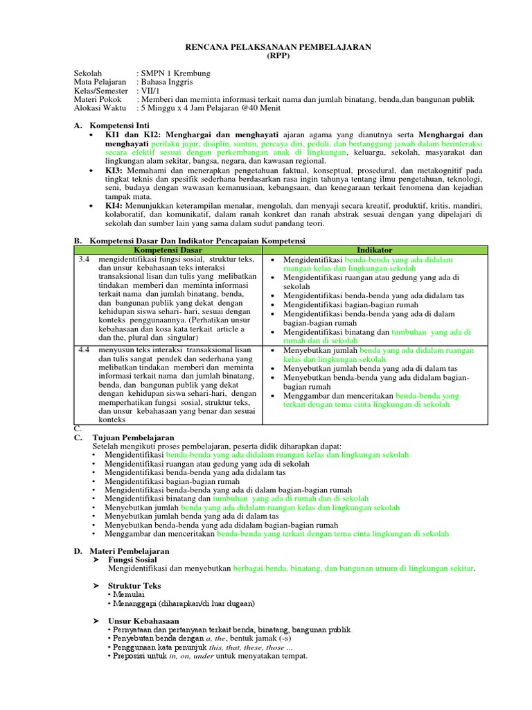 Rpp Bahasa Inggris Unit 4 Kelas Vii Adiwiyata