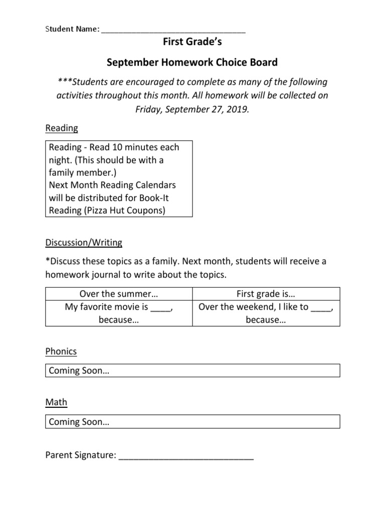 First Grade September Homework Board | PDF | Language Arts & Discipline