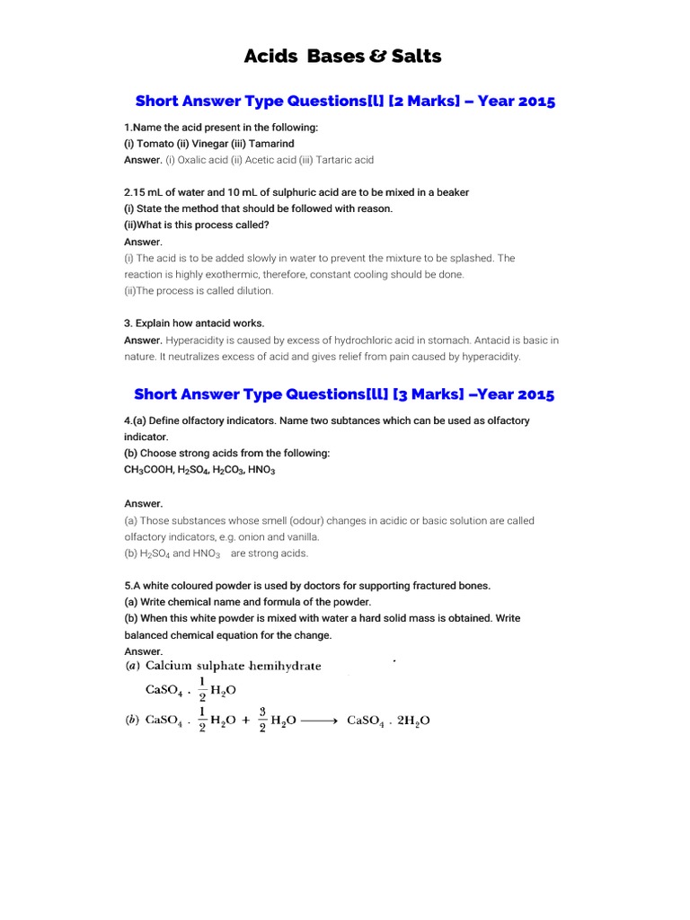 Acids Bases & Salts Short Answer Type Questions (L) (2 Marks) Year